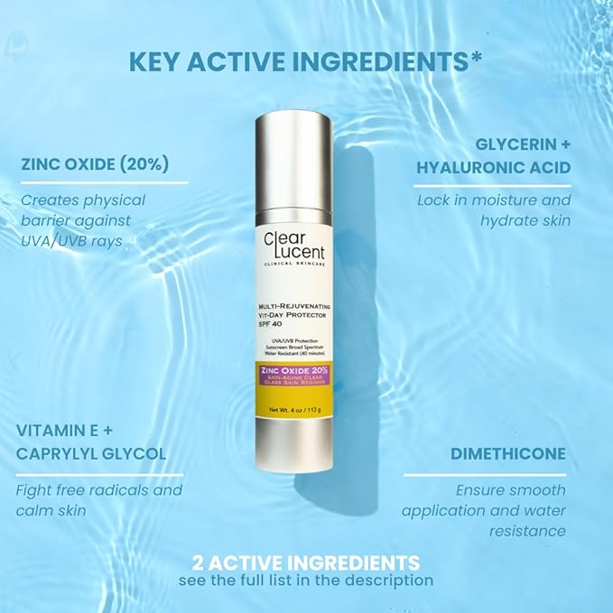 Multi Rejuvenating Vit-Day Protector Sunscreen SPF 40 – 20% Zinc Oxide Mineral Face Sunscreen | Invisible Reef-Safe Water-Resistant Hydrating SPF with Hyaluronic Acid | 4.0 oz