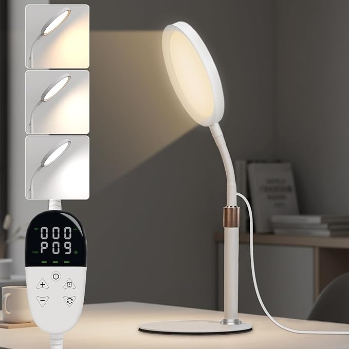Light Therapy Lamp LED Sunlight Lamp 10000 Lux Full Spectrum Happy Therapy Desklamp with UV-Free3 Color Temperature &amp 9 Brightness Level &amp Timer for Home Office Decoration (White A)