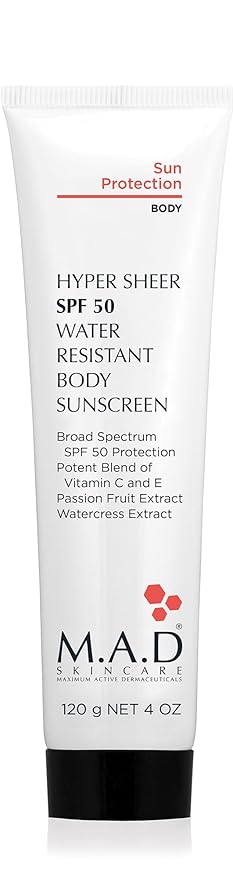 M.A.D Skincare Hyper Sheer Sun Protection SPF 50 Water Resistant Body Sunscreen – Mineral Zinc Oxide &amp Antioxidant Complex – Anti-Aging Detox &amp Cellular Repair Formula – Paraben-Free – 4 oz.