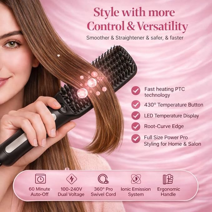Speedy Precision Hair Straightener Brush Get Sleek Hair Literally in Minutes Clear LED Screen Display 170-430°F Remembers Favorite Temp. Curved Design for Scalp Comfort. Hot Air Release