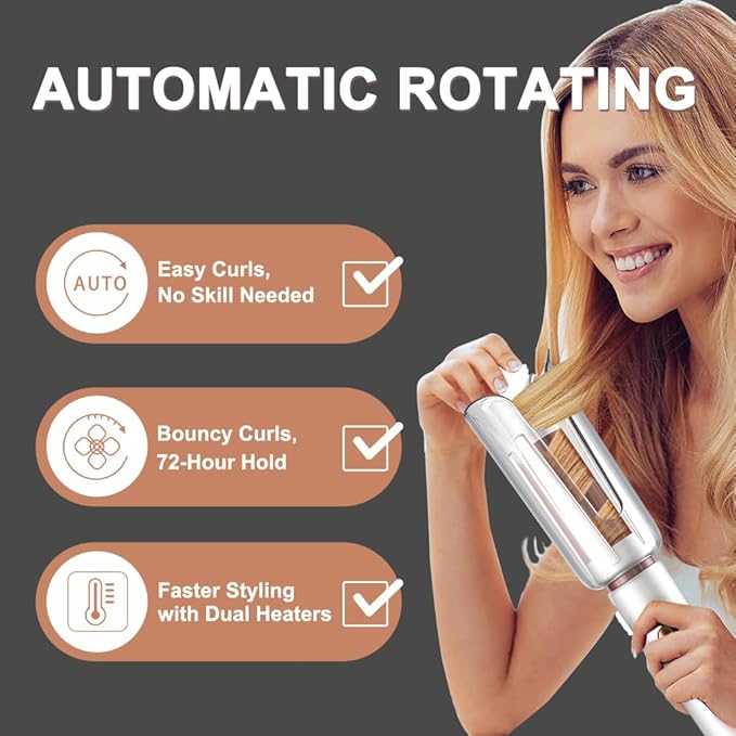 JINRI Automatic Rotating Curling Iron-Beach Waves Curling Wand Pumped-Up Volume Portable Hair Curler 500 Million Ionic Dual Voltage &amp Lightweight for Travel Ceramic Coating 1 Inch White