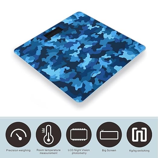 Blue Camo Weight Scale Large Bathroom Scales Digital Weight with Bright LED Display Non Slip Automatic Weighing Scale Fashion Weighing Machine for Body