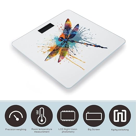 Paint Splash Dragonfly Digital Bathroom Scale Fashion Unique Weight Scale BMI Anti-Slip Precision Weighing Scales Suitable for Home Bedrooms Use and Gift