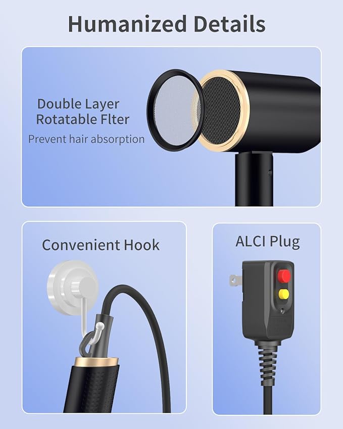 Foldable Portable Ionic Hair Dryer 1600W - Compact Mini Blow Dryer with Diffuser Concentrator &amp Comb Nozzle Intelligent Temperature Control Low Noise for Home Salon &amp Travel (Black)