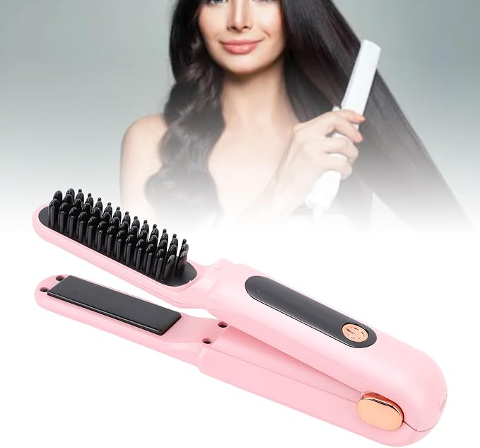 FILFEEL 60W Cordless Hair Straightener Brush 2 in 1 Straightening Comb and Curler with Digital Display 3500mAh Battery for Daily Hairstyles (Pink)