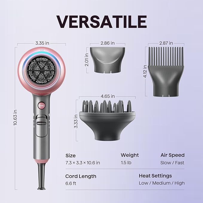 Wavytalk Hair Dryer Blown Away Ionic Hair Dryer for Curly Hair with Diffuser 1875W Fast Drying Blow Dryer with Ceramic Technology 3 Attachments for All Hair Types Light and Quiet Rose Gold