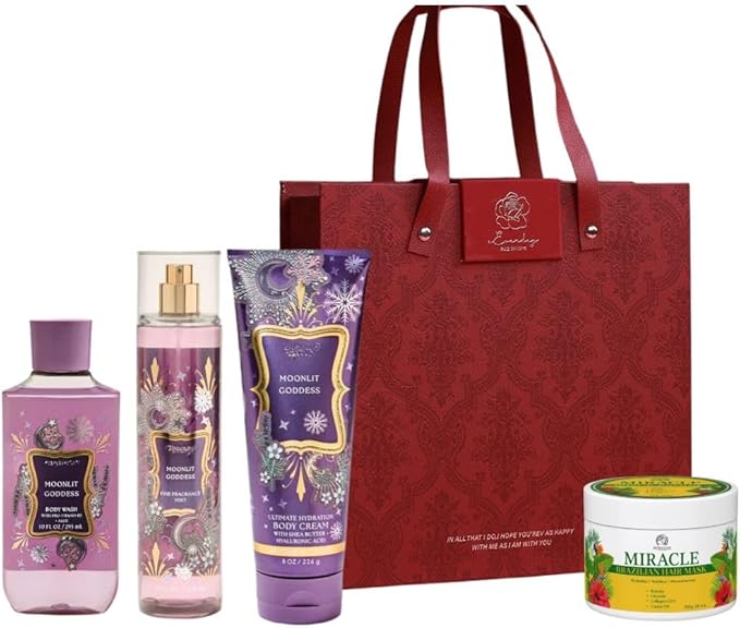 Moonlit Goddess -White BarnBath Body/Work - HOLIDAY COLLECTION - 3 Full Size and Holiday NEW Gift Bag With MIRACLE BRAZILIAN HAIR MASK (Packaging May Vary)