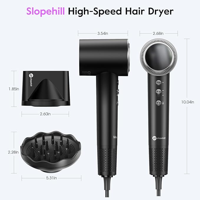 slopehill 110000 RPM Professional Hair Dryer - 0.8lb Ultra-Lightweight 2 Billion Ion Technology for 98% Frizz Reduction AI Smart-Temp Control Magnetic Attachments for All Hair Types