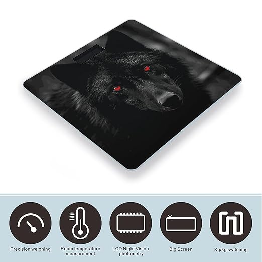 Black Red Eyed Wolf Bathroom Scale Automatic Power On/Off Body Scales LCD Backlight Display Square Digital Scale Rounded Corners Bathroom Scales for Home Bedrooms