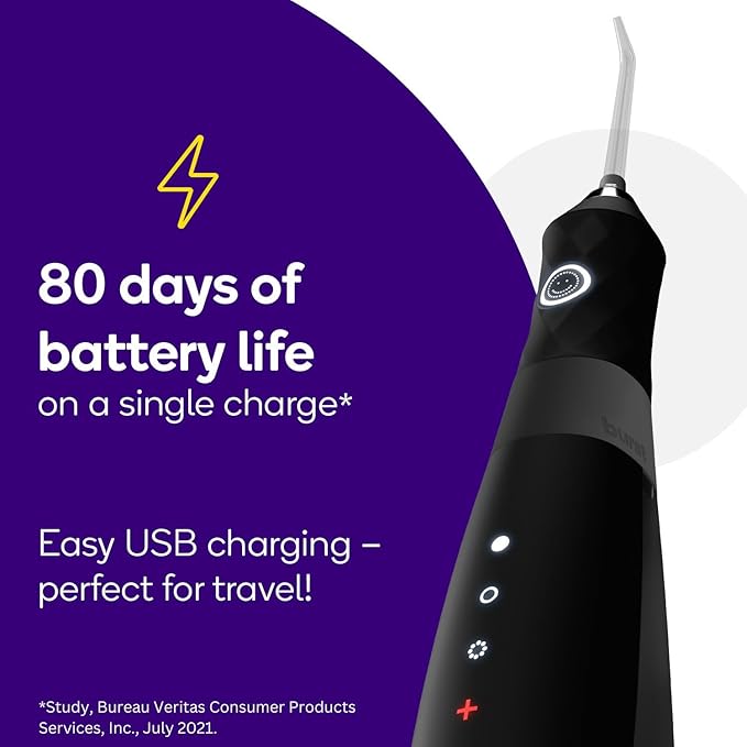 Burst Electric Water Flosser for Teeth Cleaning (3 Modes/Black) | Cordless | Plaque Removal Between Braces &amp Dental Work | Portable Floss | Refillable 110mL Tank