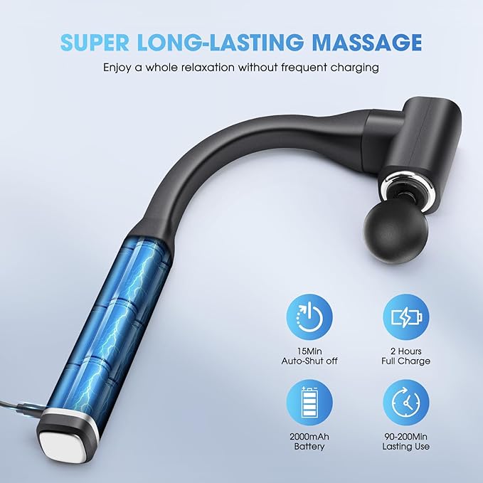 Massage Gun with Upgraded Extension Handle Back and Neck Massage for Pain Relief 12MM Portable Muscle Pain Relief for Back Neck Waist 4 Massage Heads &amp 5 Speed Levels