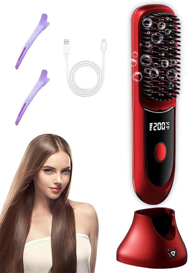 Go Brush Pro Hair Straightener – Cordless Comb with Negative Ion 6000mAh Fast Heating &amp Portable Travel Design Rechargeable Brush for Straightening and Curling (Red-1Pcs)