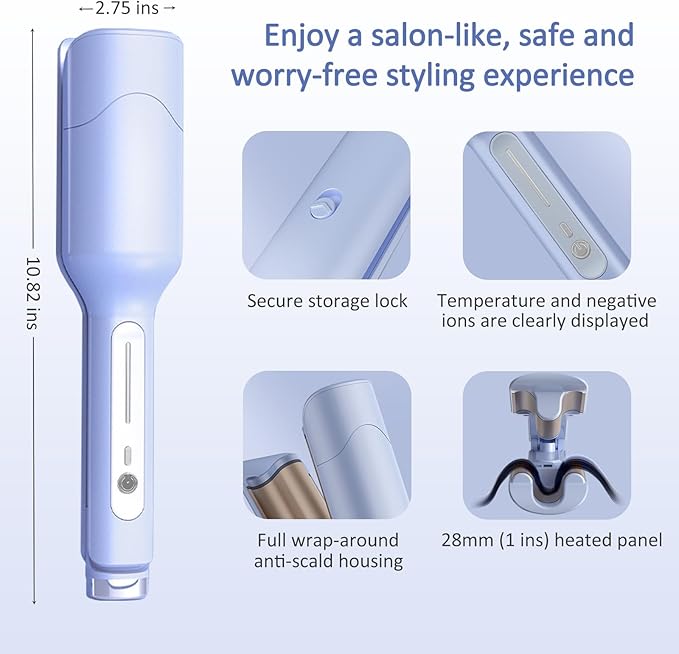 Ionic Wave Curling Iron Hair Crimper with 3 Adjustable Temperatures for Women Fast Heating Anti-Scald Hair Tool with Intelligent Power Off for Beach Waves and Curls (Blue)