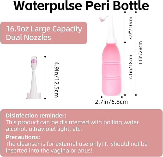 Peri Bottle for Elderly Handheld: Angled &amp Straight Nozzles 17oz Ideal for Feminine Hygiene Perineal Cleansing and Hemorrhoid Treatment (Pink)