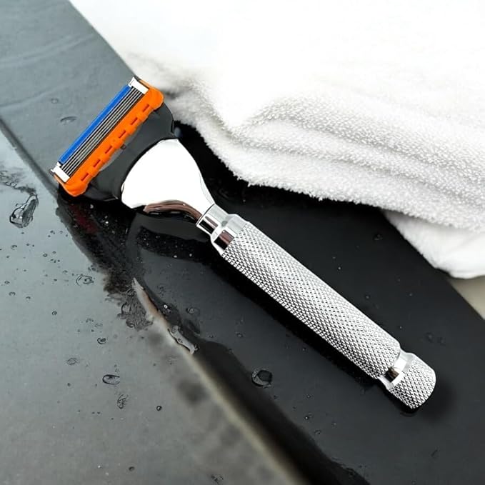 Parker 5-Blade Razor Handle Compatible with Gillette® Fusion® Cartridges – Weighted Metal Handle with Textured Grip for Smooth Tug-Free Shaving | Luxury Men’s Gift | 1 Cartridge Included (CHROME)