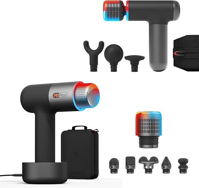 Sharper Image Powerboost Hot + Cold Massage Gun Bundle - Deep Tissue Percussion Massagers with Heat/Cool Therapy Multiple Attachments &amp Speeds Quiet Ergonomic Design Muscle Relief Workout Recov