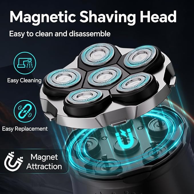 Electric 6D Floating Head Shavers for Bald Men Magnetic Rotary Shaver for Men FaceWet Dry IPX6 Men's Razor LED Display Rechargeable with USB-C Charge