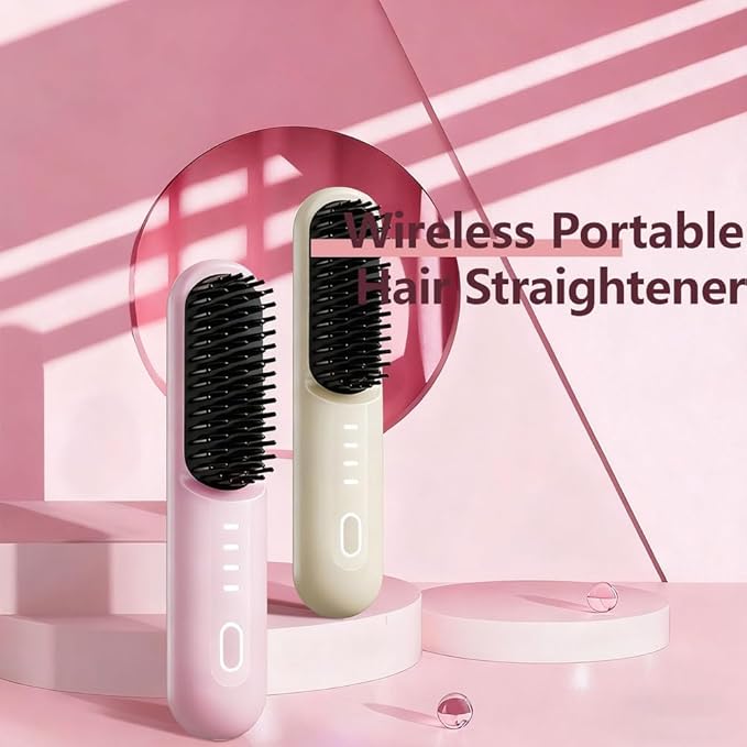 Cordless Hair Straightener Brush-Portable Straightening Comb Plasma Tech 4 Temp-Settings for Travel &amp HomePink1.7x7.8''