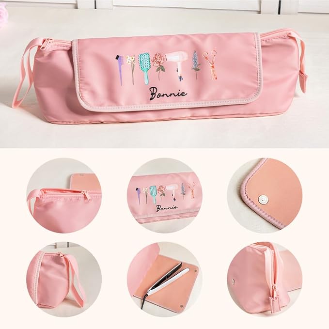 Custom Hair Tools Travel Bag Personalzied Name Birth Flower Hair Accessories Organizer Case With Heat Resistant Mat for Curling Iron Straightener Flat Iron Black Pink Size 4.7 * 5.9 * 18INCH