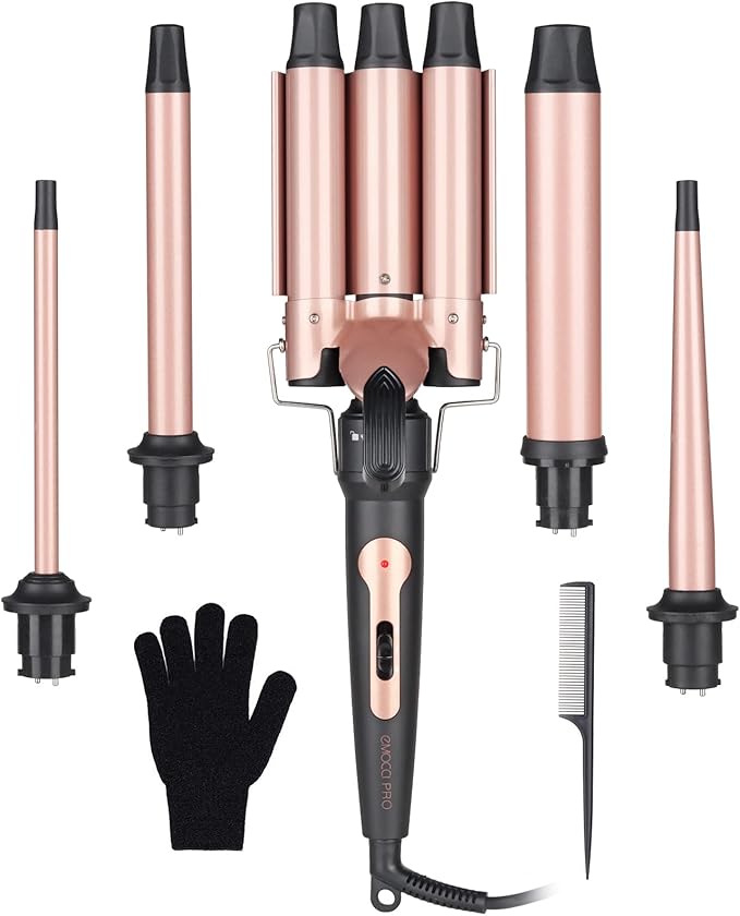 Wand Curling Iron Hair Crimper Emocci Pro Large 3 Barrel (0.35-1.25 Ceramic Barrel) Hair Crimper for Women Beach Waves Instant Heat Hair Waver Set for Long Hair Curlers 5-in-1 Curling Wand Set