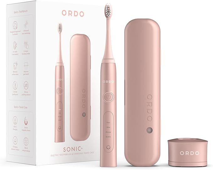 ORDO Sonic+ Electric Toothbrush with Case Sonic Toothbrushes for Adults Charging Travel Case 4 Brushing Modes Fast Rechargeable Battery Silicone Polishing USB Charger Rose Gold