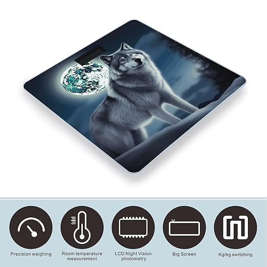 Wolf Under Moon Digital Bathroom Scale for Body Weight with High Precision Digital Weighing Scale with BMI Clear LCD Display and Step-On Measures Weight Up to 180kg