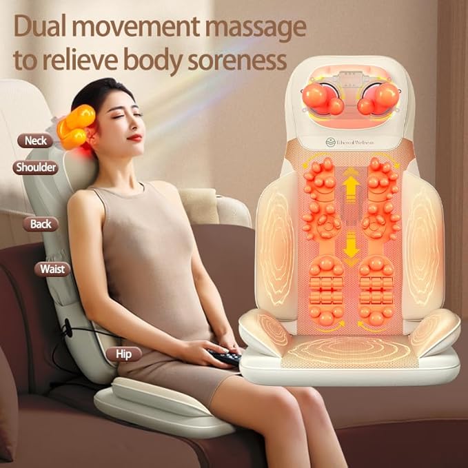 Shiatsu Massage Chair with Heat Full Back Shiatsu &amp Rolling Comfortable Massage Chair Pad for Stress Relief Gift for her/him Office and Home.White Free car Adapter Included