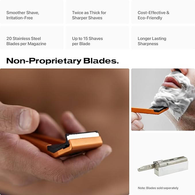 HYPE X1 Safety Razor - Aerospace Grade Aluminum - Magnetic Comfort (C) Shave Setting - Ergonomic V-Shaped Reusable Gentle Shaving Razors For Men and Women - Orange