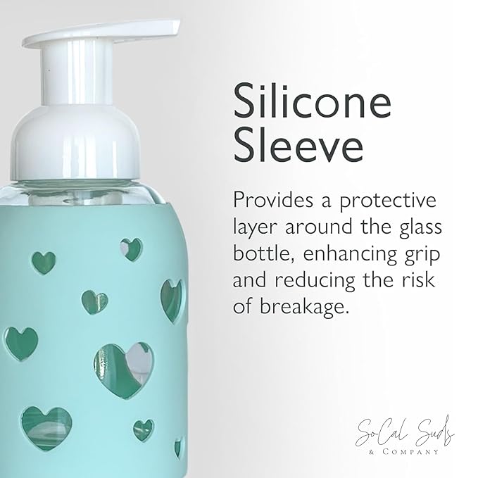 SoCal Suds &amp Company Organic Foaming Hand &amp Body Wash – Moisturizing Natural Baby Face &amp Sensitive Skin Wash Lavender 128oz + 8oz Sea Glass Foaming Glass Bottle w/Heart Silicone Sleeve