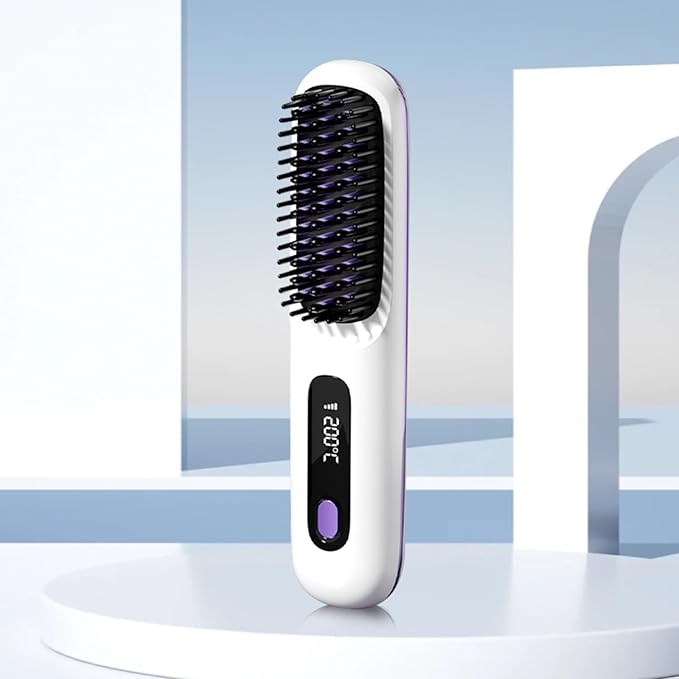 Portable Cordless Hair Straightener Brush Mini Straightening Negative Ion Hot Hair Iron for All Hair Women Travel Anti-Scald Protection (White)
