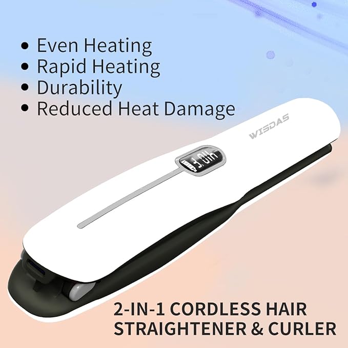 Cordless Hair Straightener 2-in-1 Straightener &amp Curler with 6 Temperature Settings Negative Ions USB Rechargeable for Travel（White）