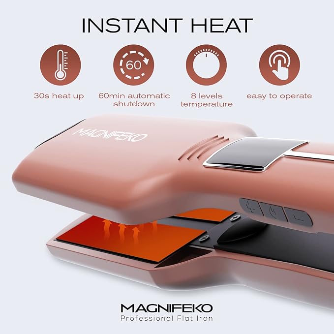 Professional Flat Iron Hair Straightener Wide Plate &amp Digital Display - Dual Voltage Titanium Hair Straighteners (Rosegold)