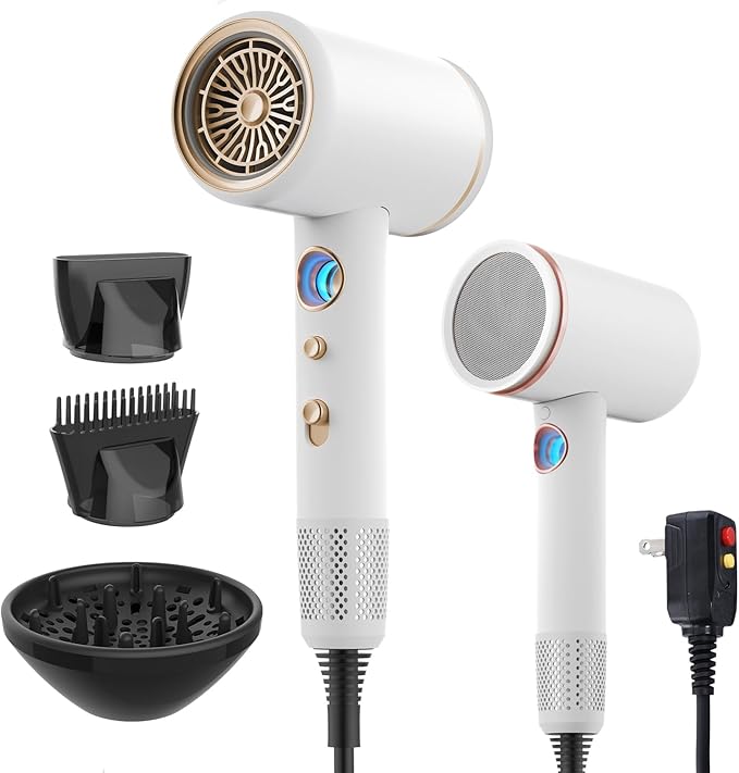 Fast-Drying Ionic Hair Dryer1875 Watt High-Speed Ionic Blow Dryer with Diffuser/Concentrator/Comb NozzleLED Temp DisplayIntelligent Temp ControlLow Noise for Home Salon Travel (White)