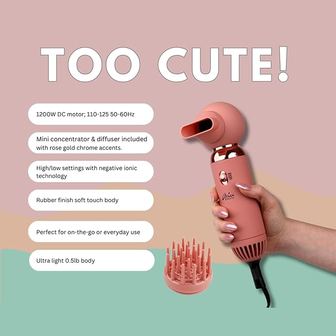 Aria Beauty Too Cute Compact Hair Dryer - Lightweight Portable Blow Dryer with High or Low Settings - Negative Ionic Technology - Rose Gold - 1 pc