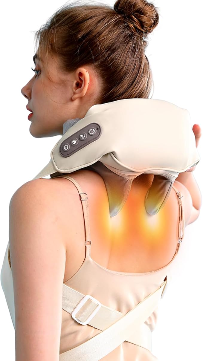 Wearable Neck Shoulder Massager Deep Tissue Shiatsu Back Massagers with Heat for Pain Relief Electric Human-Hand Kneading Squeeze Muscles Massage Pillow Gifts for Women Men Full Body Use