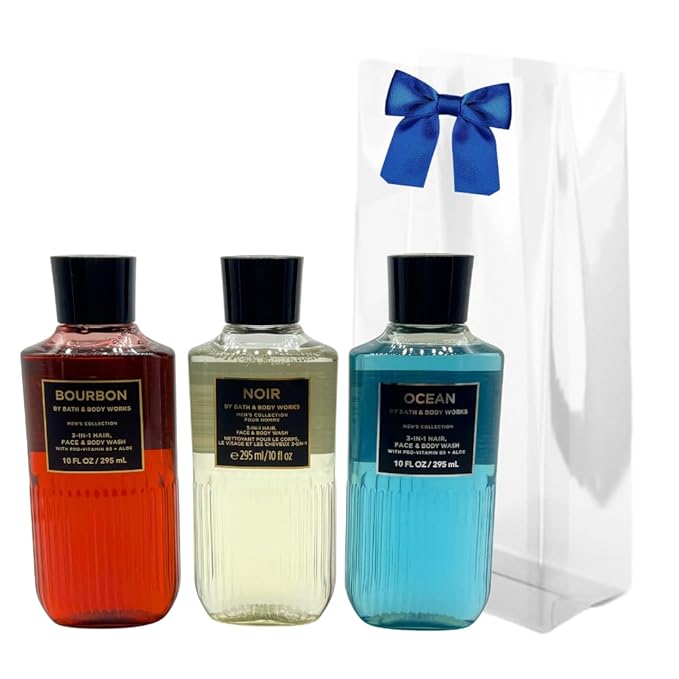 Bath &amp Body Works BOURBON NOIR OCEAN Men's Collection 3-in-1 Hair Face &amp Body Wash 3-piece Gift Set with a Blue Bow for Holidays - 10 fl oz each