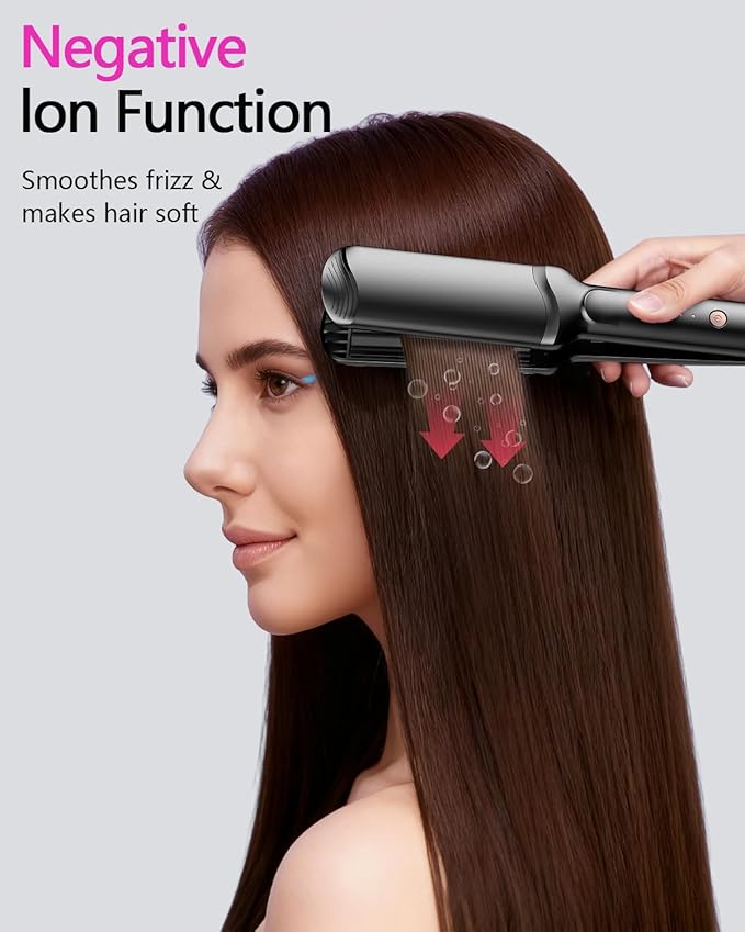 Hair Crimper Waver Professional Hair Straightener Beach Waves Curling with 4 Interchangeable Ceramic Plates | Auto Temp Control for All Hair Types | Quick Heat Wide Plate Styling Tool &amp Straighte