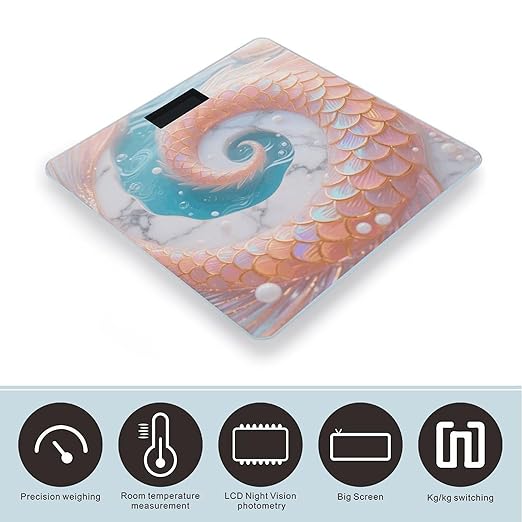 Mermaid Fish Scales Marble Weight Scale Cute Bathroom Scale for Body Highly Accurate Digital Weighing Machine for People Compact LCD Display Scales with Sturdy Toughened Glass Scales