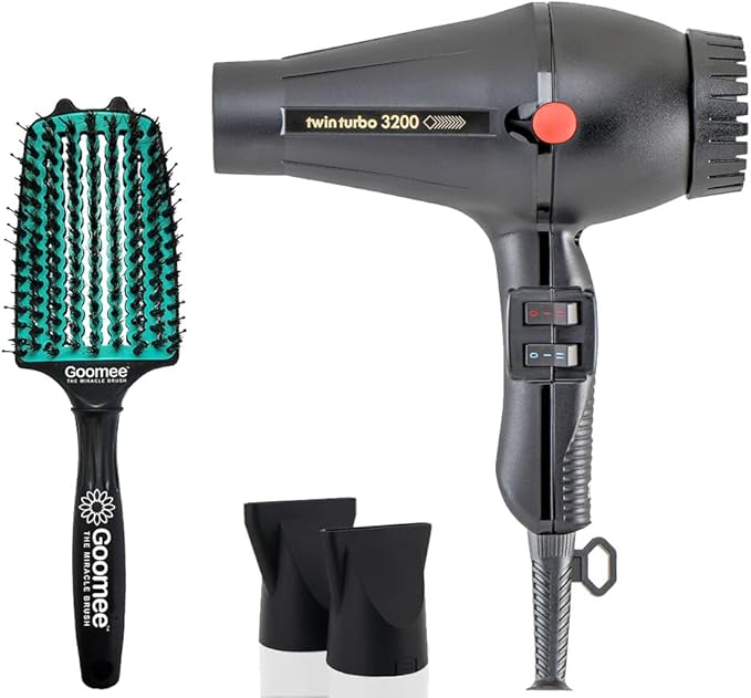 Turbo Power Twin Turbo 3200 Black Hair Dryer and Miracle Large Detangling Brush Mint Green – Professional Blow Dryer and Anti-Frizz Hair Brush with Nylon and Boar Bristles for Smooth Shiny Hair