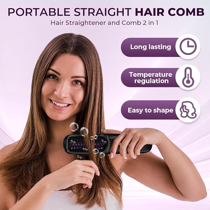2026 Upgraded Cordless Hair Straightener Brush Fast Heating Portable Hair Straightener Comb for Women Travel Essentials with 3 Adjustable Temperature Black
