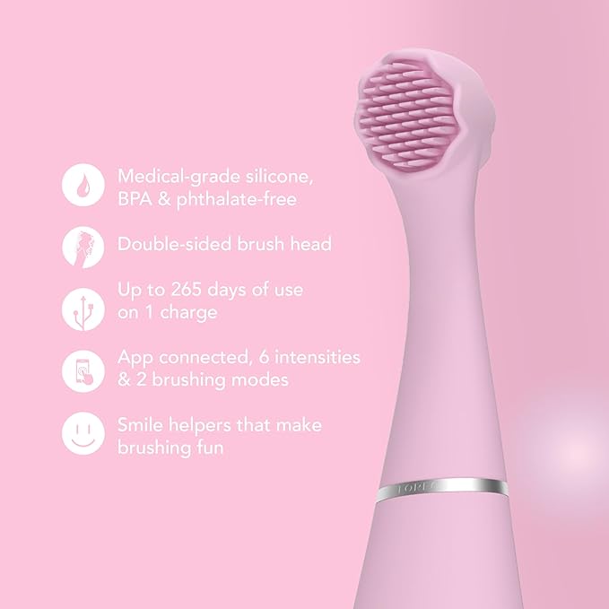 FOREO ISSA 4 Baby – Silicone Sonic Electric Toothbrush Bundle for Babies 2-Sided Bristles Fun Smile Feature Gum Massage 12 Months of Care with Extra Brush Head Travel-Friendly - Pearl Pink