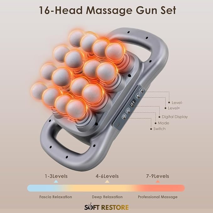 Massage Gun 16 Head Rechargeable Deep Muscle Percussion Massager 2600mAh Battery Ultra Quiet Full Body Pain Relief Therapy