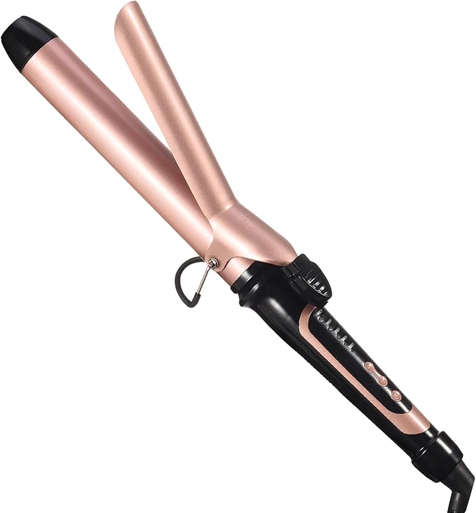 Lanvier 1.25 Inch Clipped Curling Iron with Extra Long Tourmaline Ceramic Barrel Professional Hair Curler up to 450°F Dual Voltage for Traveling Hair Waving Style Tool for Girls &amp Women-Rose Gol