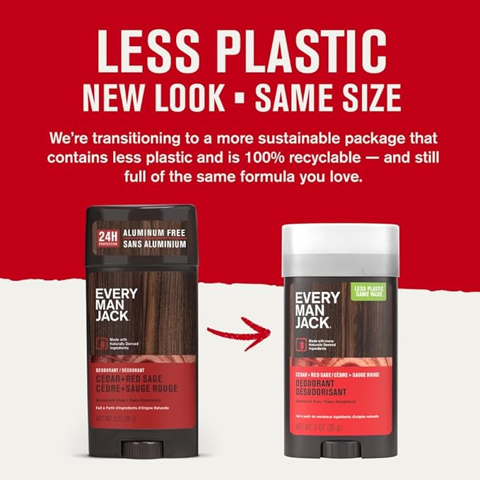Every Man Jack Cedar &amp Red Sage Men’s Deodorant - Stay Fresh with Aluminum Free Deodorant For all Skin Types - Odor Crushing Long Lasting with Naturally Derived Ingredients - 3 oz - 4 Pack
