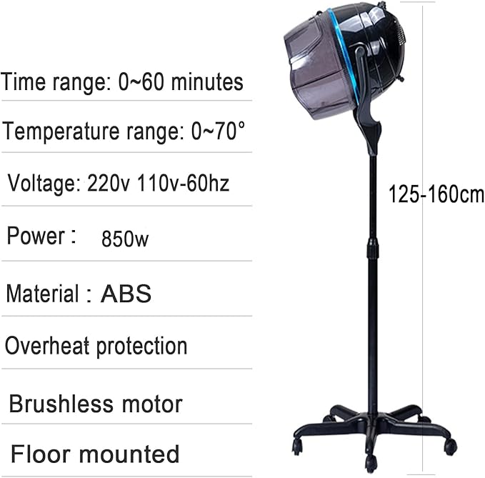 Stand Up Hair Dryer 850W Adjustable Floor Hooded Bonnet Hair Dryers with Rolling Wheels Professional Salon Equipment for Beauty Home Hair Drying