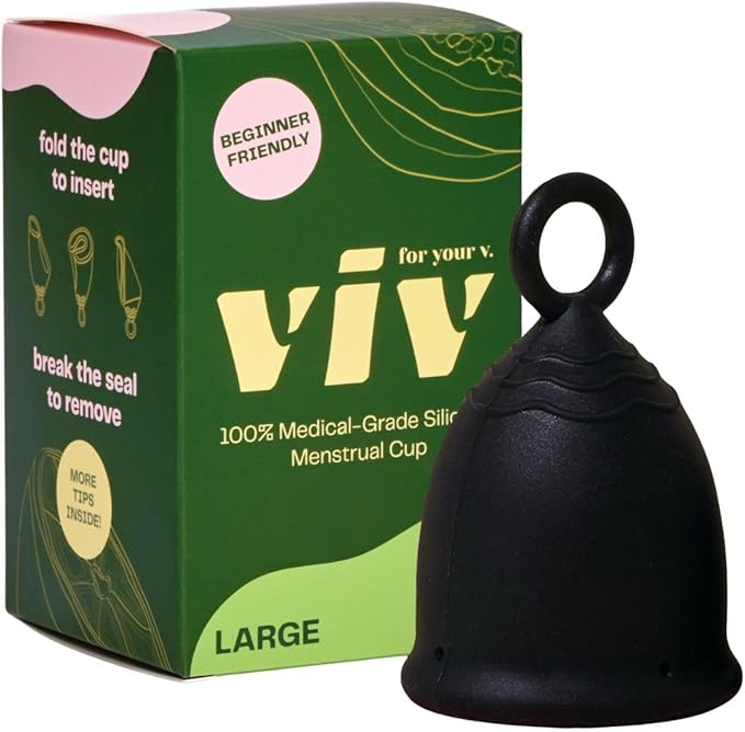 Viv for Your V Large Premium Menstrual Cups for Heavy Flow Pull Tab Ring Stem Easy Removal Soft Tampon Alternative Comfortable 12 Hour Wear Medical-Grade Silicone Reusable Period Cup