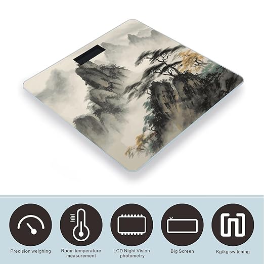Chinese Landscape Painting Weight Scale Digital Electronic Scales Bathroom Scale Larg LCD Backlight Display High Precision MeasurementsTempered Glass