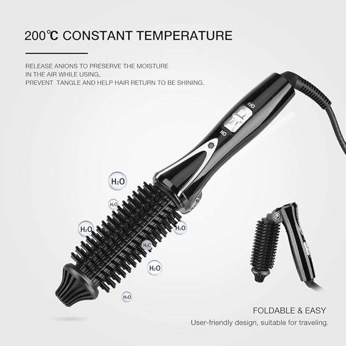 Travel Hair Curling Iron Brush 1 inch Anti-scald Heated Curling Wands Round Hair Styler Curler Brush Curling Iron Brush Ionic Hot Curler Brush for Curling Dual Voltage (Black)