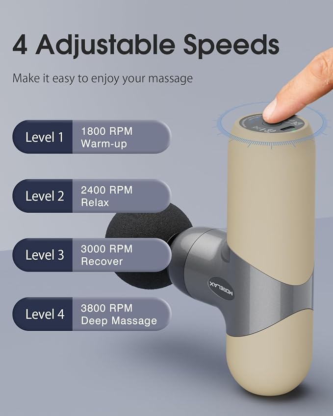 Morelax Mini Massage Gun Deep Tissue Portable Percussion Muscle Massager for Whole Body Pain Relief Electric Handheld Sport Massager with 6 Massage Heads 4 Speed Best Gift (Silver Beige)