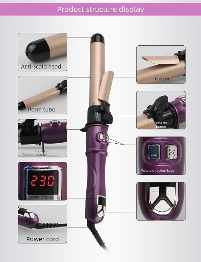 Fully Automatic Curling Iron Digital Temperature Display Adjustable from 100-230 ℃ Easy to Create Natural Curls. (Purple 32MM)